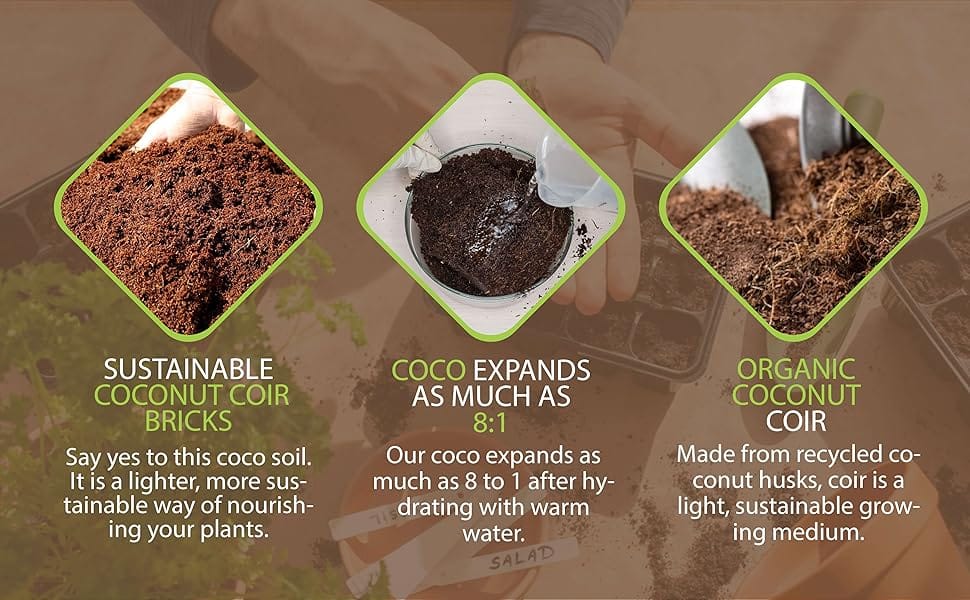 Sustainable coconut coir bricks, expands as much as 8:1.