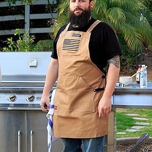 BBQ apron men women cross back buckle flag pocket phone black tan brown restaurant bar blue