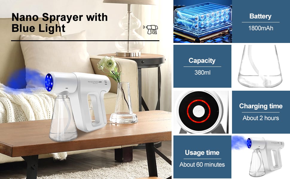 Atomizer Sprayer，Rechargeable ULV Nano Sprayer with Blue Light,Electrostatic ULV Atomizer Sprayer