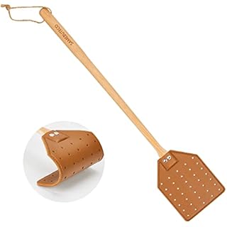 SAMEBUTECO Heavy Duty Leather Fly Swatter Brown Leather with Beech Wood Long Handle for Indoor and Outdoor 19.7’’