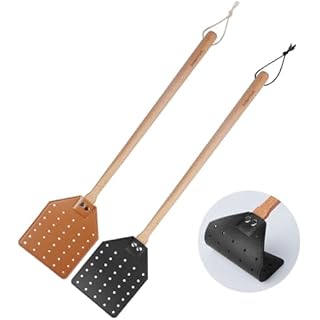 DEBETOOL 2 Pack Sturdy Leather Fly Swatter for Indoors - (19.7”)Long Handle Heavy Duty Wood Fly Swatter With Hanging Rope, Durable Fly Swatter for Outdoor Rustic Bug Swatter Flies,Mosquitoes And Bees