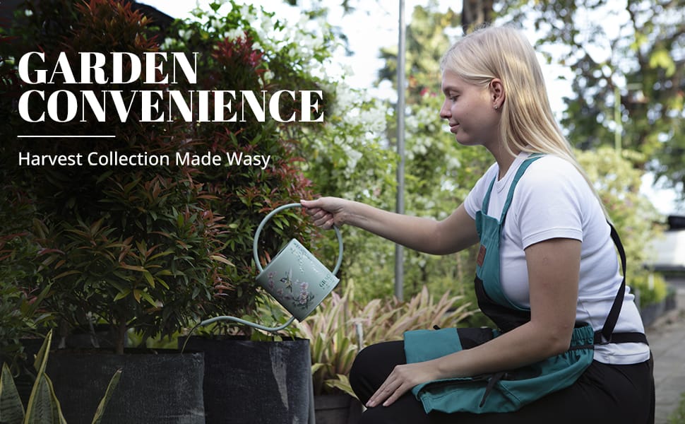 Gardening apron and watering can in use for outdoor port plants