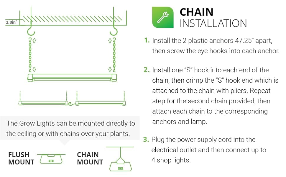 The grow lights can be mounted directly to the ceiling or with chains over your plants.