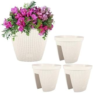 BPS 12'' Balcony Rattan Pattern Railing Planter Box with Drainage Holes and Adjustable Brackets for Outdoor Garden Patio, Deck, Fence - Set of 4 - White