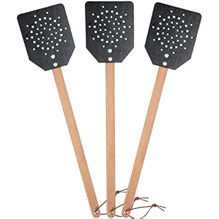 YoungJoy Leather Heavy Duty 19 Inch Rustic Manual Swat with Wooden Long Handle(3 Pack, Black)