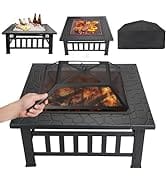 F2C 32 inch Outdoor Fire Pit Square Fireplace Metal Wood Burning Stove w/Waterproof Cover Poker, ...