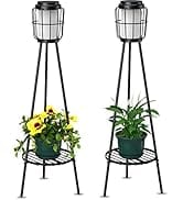 Metal Solar Floor Lamps Outdoor with Plant Stand, 2 Pack Waterproof Solar Lantern Lights for Pati...