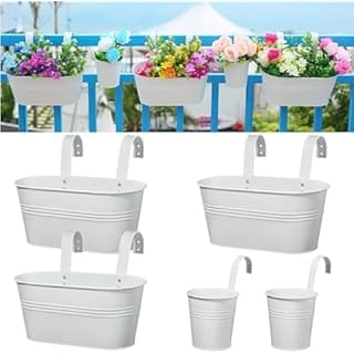 JFMAMJ 5 Pcs Hanging Planter Railing Planter Box Metal Iron Window Boxes Planters for Outdoor Plants Balcony Planter Fence Planters with Detachable Hooks for Herb Garden Planter Outdoor(Matte White)