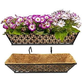 Frillybutts 2 Set Deck Railing Planter Box,24" Black Metal Garden Trough Deck Planter English Horse Trough Window Box with Coco Liners