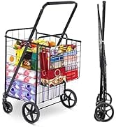 F2C Folding Shopping Cart with Wheels and Double Basket, Grocery Utility Cart Ground Rolling Cart...
