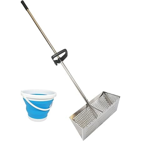 Sand Fleas Rake, Stainless Steel Sand Sifter, Detachable 47 Inches Long Handle, Collapsible Shark Tooth Sifter for Beach,Sand Crab Catcher with Foldable Pail .