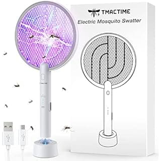 TMACTIME Electric Fly Swatter 4000V Bug Zapper Racket 2 in 1 Fly Zapper with USB Rechargeable Base and 3-Layer Safety Mesh for Bedroom Kitchen Patio and Outdoors