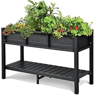DWVO 48x18x30in Raised Garden Bed, Poly Wood Planter Box Stand,Weather Resistant Planter Box with Legs & Storage Shelf, Elevated Garden Bed for Backyard, Patio, Balcony,Black