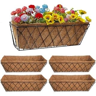 Mini Yard 4 Pack Window Planter Box with Coco Liner, 20 Inch Metal Deck Railing Planter Horse Troughs Fence for Outdoor Balcony Rail Fence Porch Patio, Watering Basket