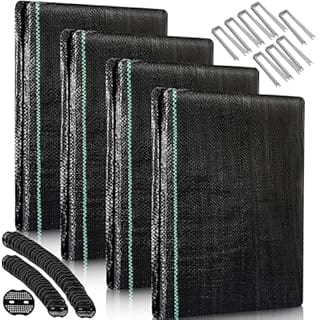 Windyun 4 Sets 50ft Garden Weed Barrier Landscape Fabric 3.2oz Woven Mulch for Landscaping Ground Cover Heavy Duty Landscape Fabric with U Shaped Securing Pegs and Gaskets for Gardening Farming