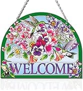 Kissnap Hummingbird Stained Glass Suncatchers - Welcome Sign Hummingbird Decor, Vibrant Flowers W...