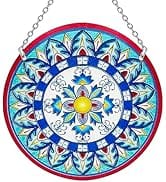 Kissnap Sun Stained Glass Window Hanging, Mandala Stained Glass Panels with Chain, Boho Art Sunca...