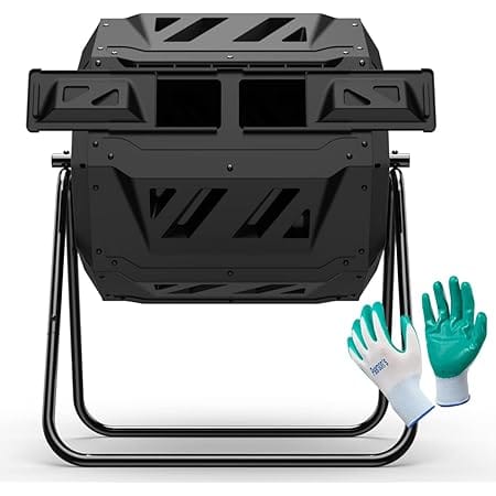 Compost Tumbler Bin Composter Dual Chamber 43 Gallon (Bundled with Pearson's Gardening Gloves)