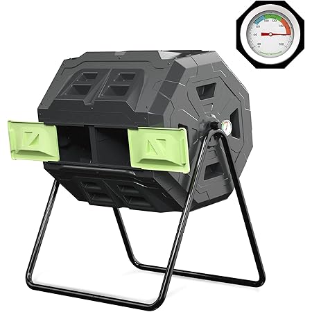 SQUEEZE master Large Compost Tumbler Bin - Outdoor Garden Rotating with Thermometer -Automatic Temperature Measurement-Sturdy Steel Frame - 43Gallon (2-21.5Gal)- Green Door