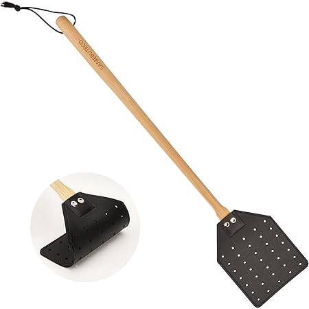 SAMEBUTECO Heavy Duty Leather Fly Swatter Black with Bench Wood Handle 19.7" Length, Fly Catcher and Insects Catcher with Ease