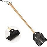 SAMEBUTECO Heavy Duty Leather Fly Swatter Black with Bench Wood Handle 19.7" Length, Fly Catcher and Insects Catcher with Eas