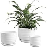 MyGift Modern Ribbed White Ceramic Indoor Plant Pot with Drainage Hole and Attached Saucer, Small Succulent Planter, Set of 3