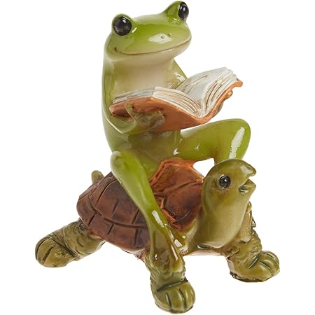 Top Collection Miniature Fairy Garden & Terrarium Frog Reading Book on Turtle Statue, Small, Green, Orange