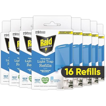 Raid Essentials Flying Insect Light Trap Refills, 16 Light Trap Refill Cartridges, Featuring Light Powered Attraction