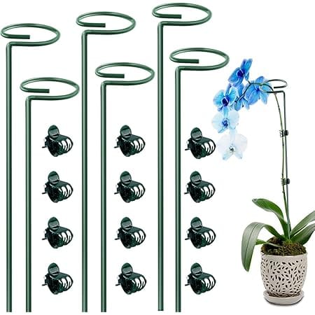 Dreecy 6 Pack 16 Inch Orchid Support Stakes with 12 Pcs Clips, Sturdy Metal Floral Flower Support Garden Single Stem Plant Stakes for Amaryllis Orchid Tomatoes Lily Rose Peony,Dark Green