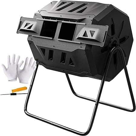 F2C Compost Bin Outdoor Dual Chamber Tumbling Composter 43 Gallon BPA Free Large Tumbler Composters Tumbling or Rotating w/Sliding Doors & Solid Steel Frame Garden Yard Black