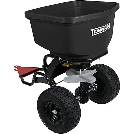 Chapin 8622B Made in The USA 150-Pound Tow and Pull Behind Spreader with Auto-Stop Dual Impeller That Stops When Not Moving, Designed for Farm and Tough Terrain, Hitch Pins, Black