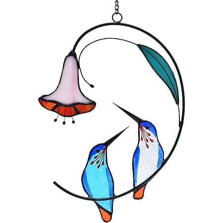 Lolitarcrafts Hummingbird with Flower Stained Glass Suncatcher Bird Stained Glass Window Hangings Hummingbird Gift for Home Decor (Blue 1 Pair)