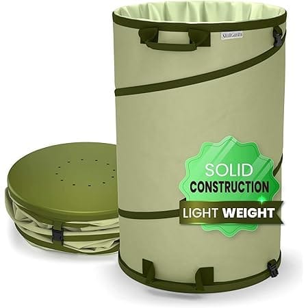 Collapsible -45 Gallon Canvas Garden Waste Bag -Pop-up Bucket Reusable Yard Leaf Bag Holder- Heavy Duty Hardshell Bottom – with Drain Holes for Lawn Pool Garden Camping Trash Debris Bag with Handles