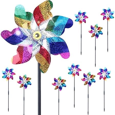 BATTIFE 10 Pack Sparkly Rainbow Pinwheels, Reflective Wind Spinner for Yard and Garden with Stakes, Decor Windmill to Scare Birds Away for Lawn and Patio