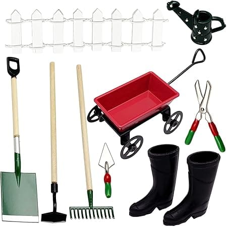 Miniature Fairy Garden Farming Tools, 9 Packs 1:12 Mini Metal Spade Pestle Rake Wagon Kettle Wood Fence Yard Supplies Scene Model Set Dollhouse Decor Accessories
