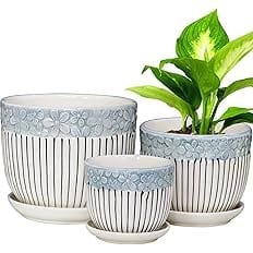 Hlukana Ceramic Plant Pots Set of 3, 6.75/5.6/4.2 inch Planters with Drainage Holes and Saucer, Flower Pots Outdoor Indoor, M