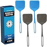 [4 Pack] Extra Large Spiky Fly Swatter for Indoors & Outdoors - Blue & Grey Plastic Fly Swatter - Spiked Fly Swatters Multi P