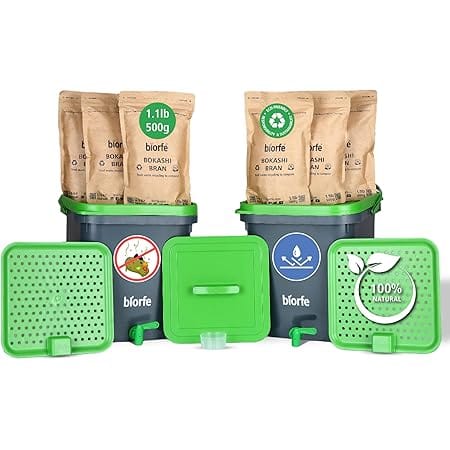 Biorfe 2 Bucket Bokashi Compost Starter Kit, All Season Indoor Beginners Composter with 6.6 lb Bokashi Bran, Countertop Kitchen Bokashi Bin, Composting Container, Food Recycler for Living Indoor