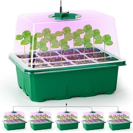 Bonviee 5 Packs Seed Starter Tray with Plant Light, Elevated Seedling Starter Trays Kits with Adjustable Humidity Domes and Clear Cell Tray, 8 Full Spectrum led lamp Beads for Plants Indoor-Green
