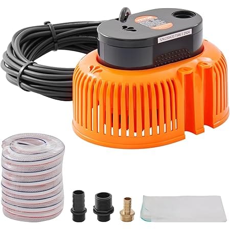 VEVOR DC666-120V Cover 1/10 HP Water Removal, Submersible Sump Pump Above Ground, 3 Adapters, 16'' Drainage Hose, 25'' Power Cord, for Pool Draining, 75W 540GPH, Orange