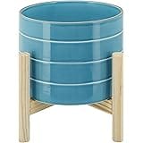 8" Ceramic Planter on Wooden Bamboo Stand - Contemporary Blue While Striped Design For Indoor or Outdoor Plants, Succulents,