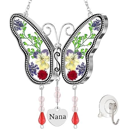 KUNDGLA Nana Gifts Butterfly Suncatcher Stained Glass Sun Catchers Pressed Flower Wings Embedded in Glass with Metal Trim Nana Heart Charm Birthdays Wind Chime