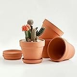 HERDUK Terracotta Pots 6 Inch (4 Pack), Clay Pots for Plants with Drainage Hole and Saucer, Flower Pot with Tray, Large Terra