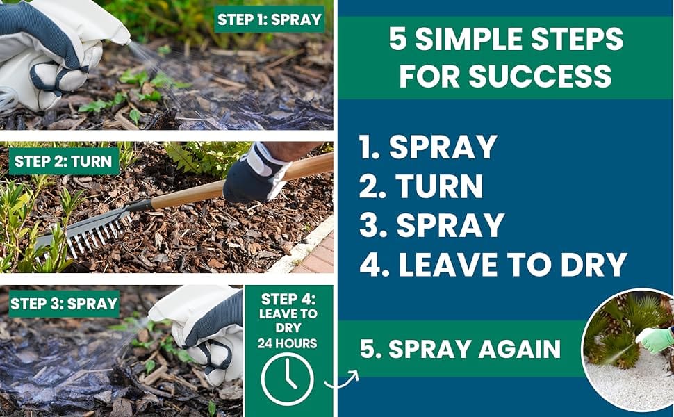 5 Simple Steps to Use Easihold - spray the gravel, rocks or mulch, turn, and then spray again.