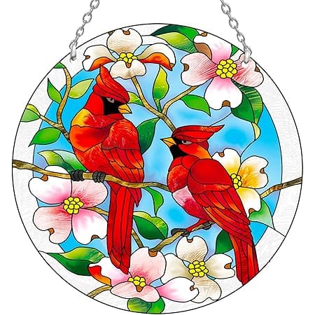 Kissnap Cardinal Stained Glass Window Hanging - Cardinal Gifts for Women, Red Birds Suncatchers for Windows, 6 * 6’’ American Glass Hanging Ornament, Hand Painted Glass for Birds Lover, Window