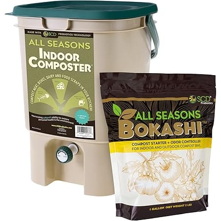 All Seasons Indoor Composter Starter Kit – 5 Gallon Tan Compost Bin For Kitchen Countertop With Lid, Spigot & 1 Gallon (2 lbs.) Bag Of Dry Bokashi Bran – by SCD Probiotics