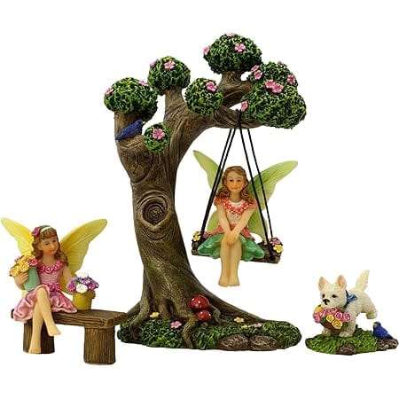 PRETMANNS, Fairy Garden Accessories – Fairy Garden Fairies - Fairy Garden Kit, with Garden Fairies – Cute Fairies for Garden Outdoor & Fairy Tree Swing with Puppy – 4 Piece Fairy Set
