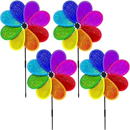 4PCS Flower Wind Spinner Sparkly Lawn Pinwheel 11.8 inch Colorful Rainbow Garden Windmill Toys for Garden, Party, Outdoor, Yard Decor