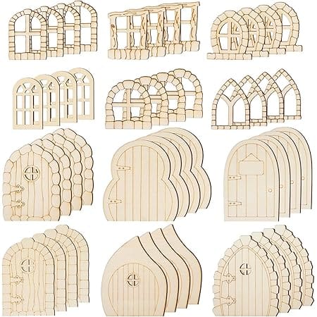 Yulejo 48 Pcs Fairy Door Wooden Garden Doors Craft Mini Window Fairy House DIY Kit Unfinished Miniature Door Unpainted Fairy Window Accessories for Wall Home Party Decoration (Antique Style)