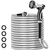 SPECILITE 50ft 304 Stainless Steel Garden Hose Metal, Heavy Duty Water Hoses with Nozzles for Yard, Outdoor - Flexible, Never
